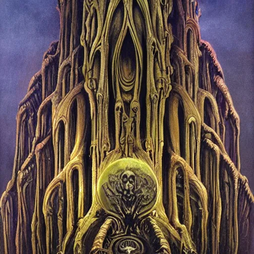 Image similar to monstrous and twisted cathedral with an altar that has a statue to many eyed veiny and four armed cthulhu, tentacles twisting in lotus position. in the style of hr giger and zdzisław beksinski gloom misty glow oil painting biomechanical