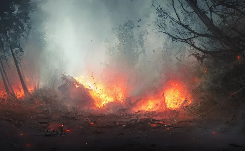 Image similar to scattered wreckage and debris, crater explosion. one single fighter design spaceship on fire crashed on the ground, on the ground, smoke, smoke, cloudy air, forest, swamp. Atmospheric lighting, overgrowth. By Makoto Shinkai, Stanley Artgerm Lau, WLOP, Rossdraws, James Jean, Andrei Riabovitchev, Marc Simonetti, krenz cushart, Sakimichan, trending on ArtStation, digital art.