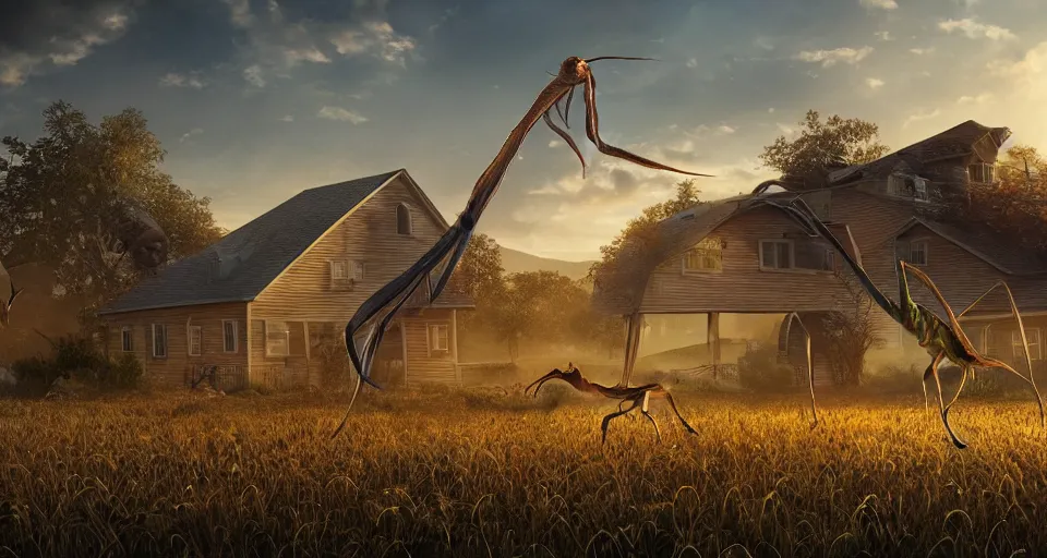 Prompt: giant praying mantis crushes a farm house, hyperdetailed, artstation, cgsociety, golden hour 8k