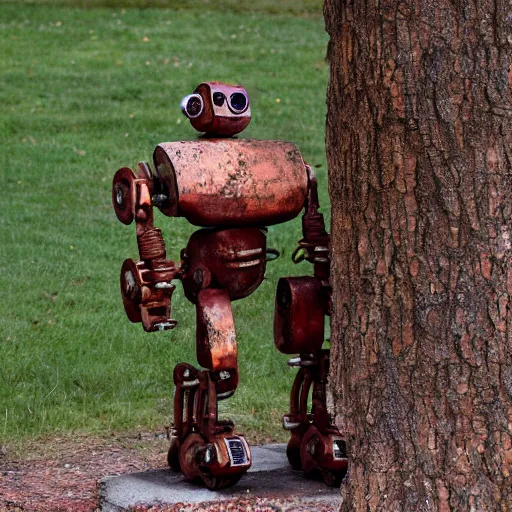 Image similar to rusty robot sitting by a tree, auction catalogue photo