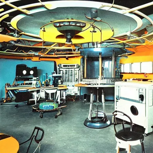 Prompt: interior of alien laboratory with strange device at the center of a room, bright colors, photo