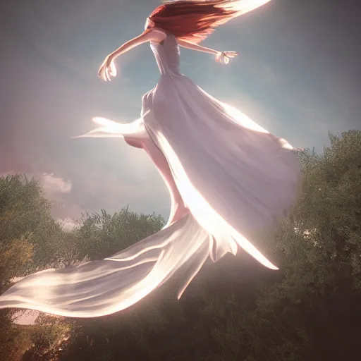 Image similar to A woman in a flowing dress floating in the air, volumetric dynamic lighting, highly detailed, cinematic lighting, unreal engine, 8k, By Imoko