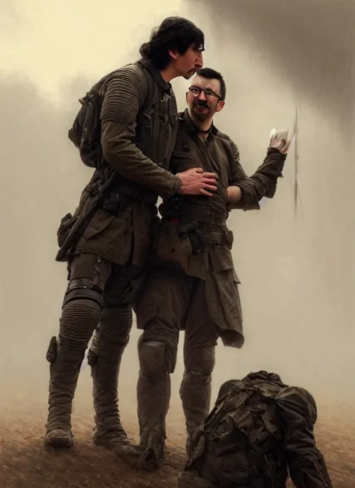 Image similar to portrait of adam driver helping a wounded john oliver, standing together, stoic, full body, military uniform, battle, war, fantasy, intricate, elegant, beautiful, highly detailed, charcoal, centered, dark, smokey, digital painting, artstation, art by artgerm, art by greg rutkowski, art by alphonse mucha