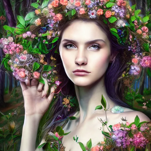 Image similar to a picture of a beautiful woman clothed in flowers and leaves standing in an enchanted forest, high fantasy, elegant, epic, detailed, intricate, digital painting, concept art, realistic detailed face, smooth, focus, rim light, detailed 8 5 mm f / 1. 4, anamorphic lens