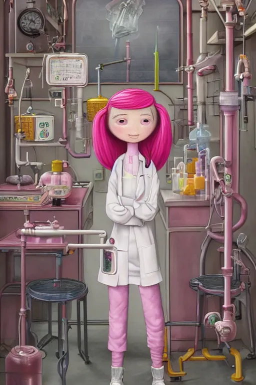 Image similar to highly detailed, industrial profile portrait of adult princess bubblegum from adventure time, experimenting in her science lab, wearing lab coat, long bubblegum hair, long straight bangs, confident, beautiful, attractive, illustration concept art by nicoletta ceccoli, mark ryden, lostfish, detailed and intricate environment, 8 k resolution, hyperrealistic, octane render, deviant art