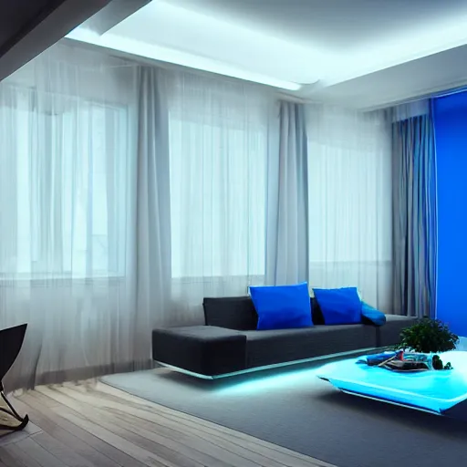 Image similar to futuristic looking living room, dark with blue neon lights, contrasted, octane render