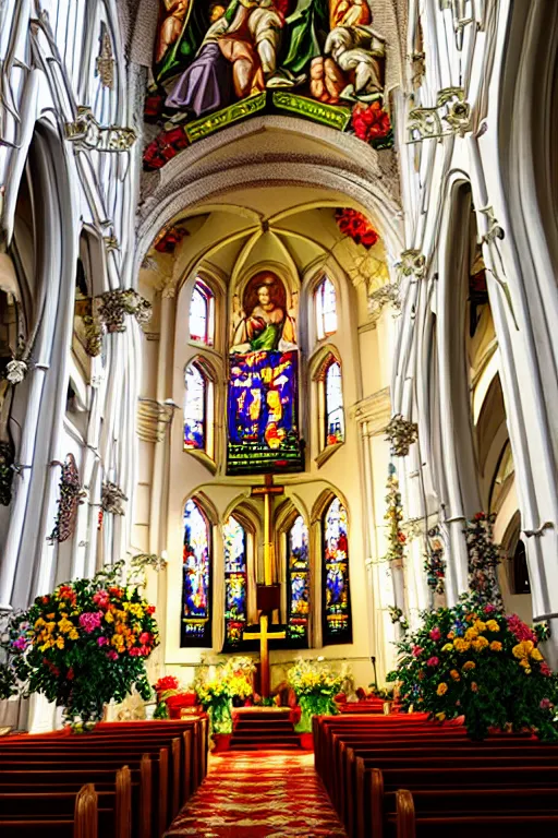 Prompt: photo inside a church full of flowers, ornate, highly detailed