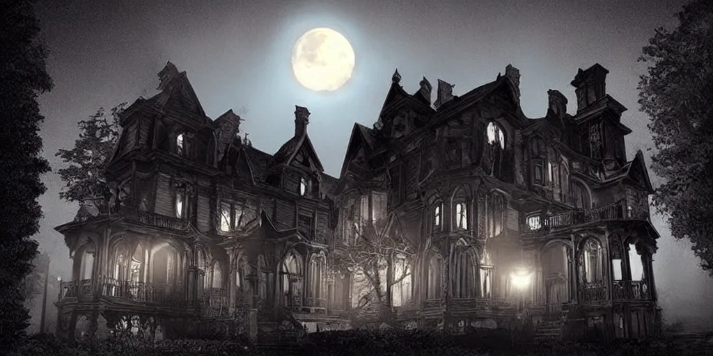 Prompt: inside a haunted mansion at night, moonlight shines through the windows, hyper realistic, dramatic shadows, gothic