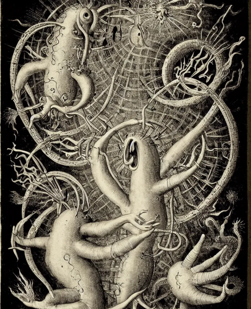 Image similar to whimsical freaky creature sings a unique canto about'as above so below'being ignited by the spirit of haeckel and robert fludd, breakthrough is iminent, glory be to the magic within