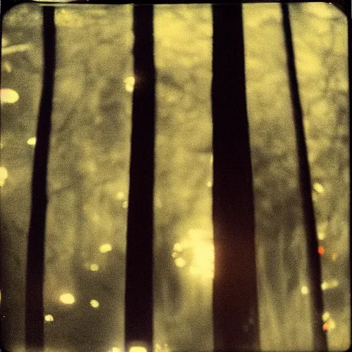 Image similar to a sleek round aircraft with glowing lights flying over a forest at night, old polaroid, expired film,