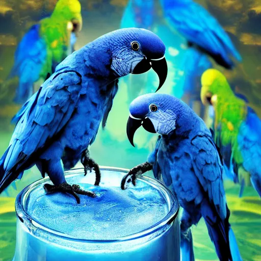 Image similar to blue parrots emerging from fluids mixing, atmospheric liquids, ornate intricate, hyper realistic, 16k, post processing, saturated blue colors, nature background