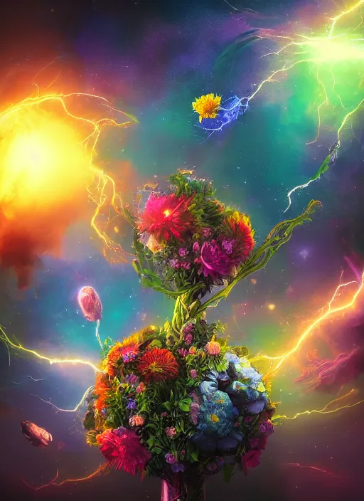 Image similar to An epic fantastic realism comic book style painting of the most beautiful entwined flowers launched across the dark galactic night sky, nebulous bouquets, fisheye, lightning creating life, unreal 5, DAZ, hyperrealistic, octane render, dynamic lighting