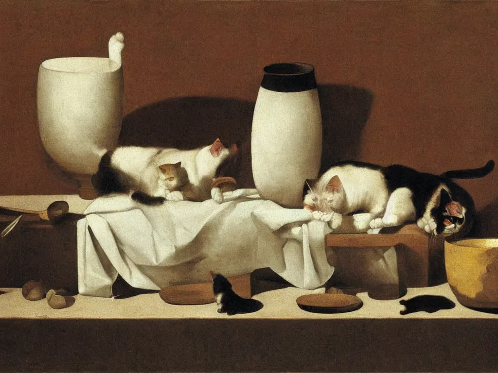 Prompt: Cat breaking white vase, tableware. Still life. Painting by Zurbaran.