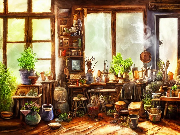 Image similar to expressive rustic oil painting, interior view of a cluttered herbalist cottage, waxy candles, wood furnishings, herbs hanging, light bloom, dust, ambient occlusion, morning, rays of light coming through windows, dim lighting, brush strokes oil painting