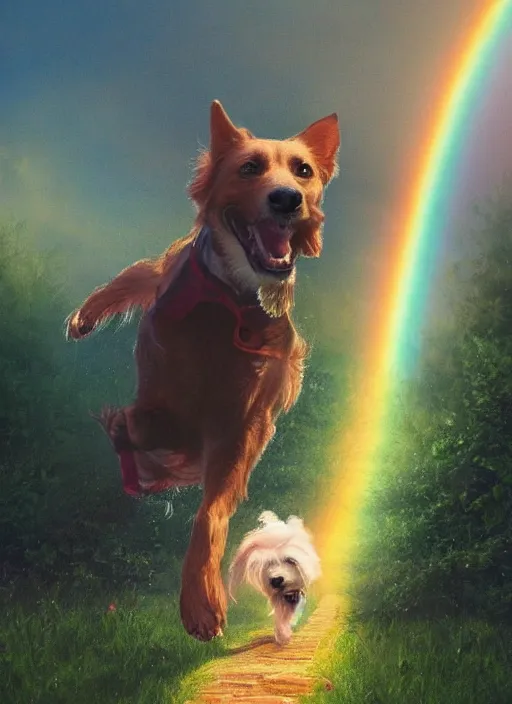 Image similar to a singular beautiful smiling dog running happily towards its owner, ethereal heavenly rainbow bridge in the background behind the dog, tall golden heavenly gates, amazing, stunning artwork, featured on artstation, cgosciety, behance