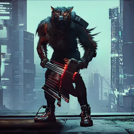 Image similar to cyberpunk werewolf holding a katana and jump on ng into action, action scene screenshot, unreal engine