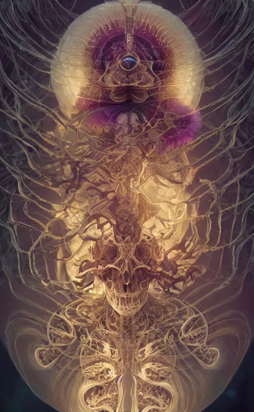 Image similar to goddess close-up portrait ram skull, thorax, x-ray, backbone, phoenix head, nautilus, orchid, skull, betta fish, bioluminiscent creatures, intricate artwork by Tooth Wu and wlop and beeple. octane render, trending on artstation, greg rutkowski very coherent symmetrical artwork. cinematic, hyper realism, high detail, octane render, 8k, green and orange tones