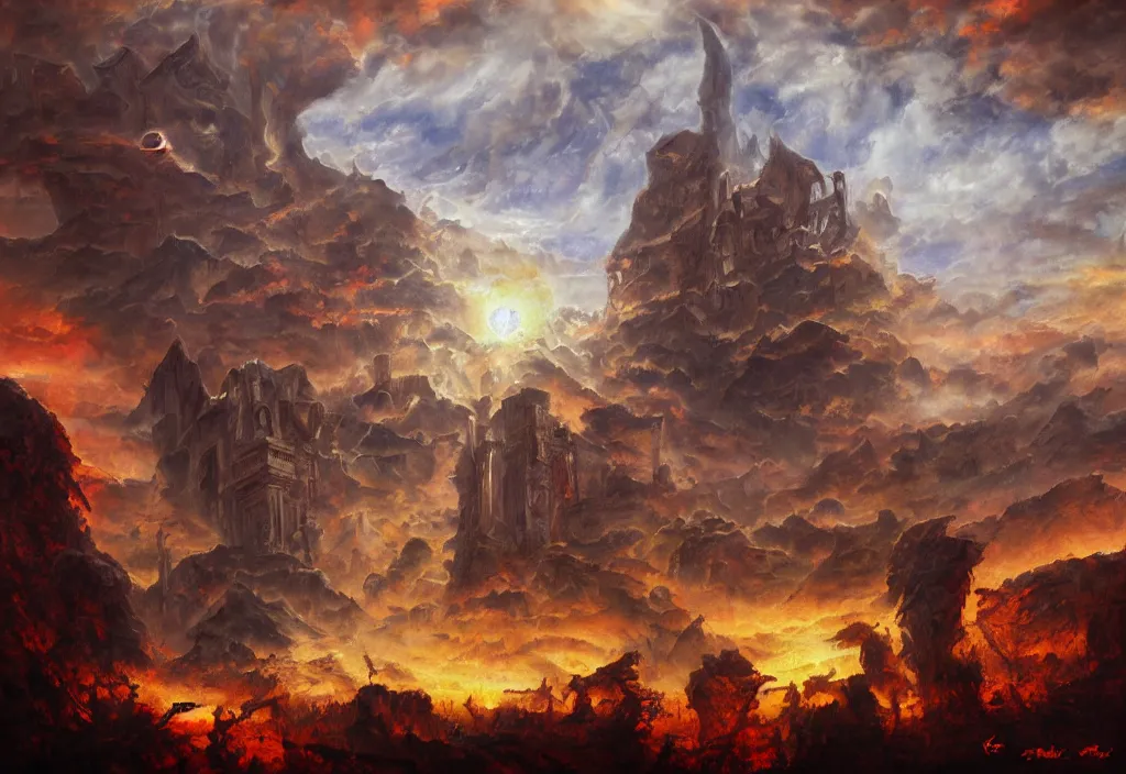 Image similar to shadow of the tyrant Sun above the ruins of the old kingdom red sun dead sky necromantic solar mythos, award winning oil painting, solar mythos palette