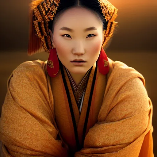 Prompt: photographic portrait of a stunningly beautiful renaissance mongol female in traditional dress in soft dreamy light at sunset, contemporary fashion shoot, by edward robert hughes, annie leibovitz and steve mccurry, david lazar, jimmy nelsson, breathtaking, 8 k resolution, extremely detailed, beautiful, establishing shot, artistic, hyperrealistic, beautiful face, octane render