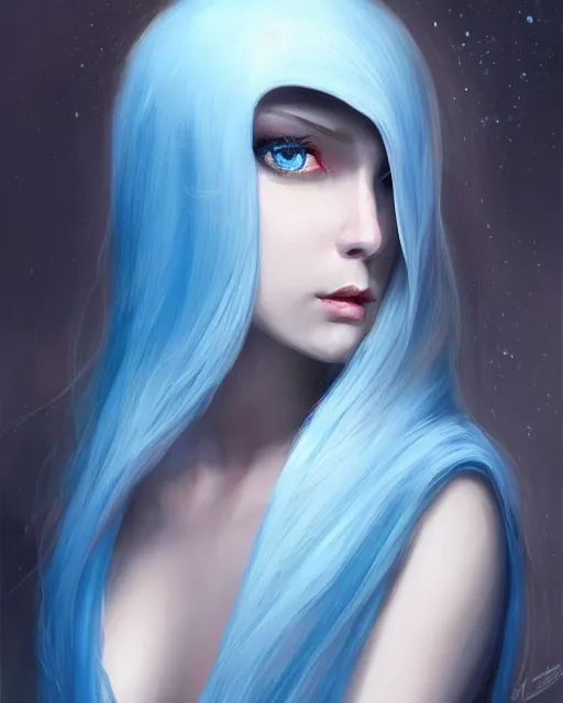 Prompt: A beautiful mysterious girl with hooded cobalt-blue eyes and silky white hair, guitar shape build, her wardrobe is attractive, full body, fantasy art, in the style of Frank Neidhardt, illustration, epic art, fantasy, intricate, elgant, amazing detail, digital painting, artstation, concept art, smooth, sharp focus
