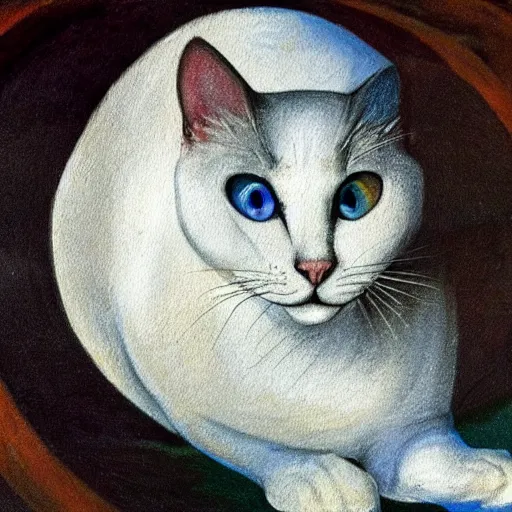 Image similar to a painting of a white cat with blue glowing eyes walking towards the viewer, in the style of leonardo da vinci.