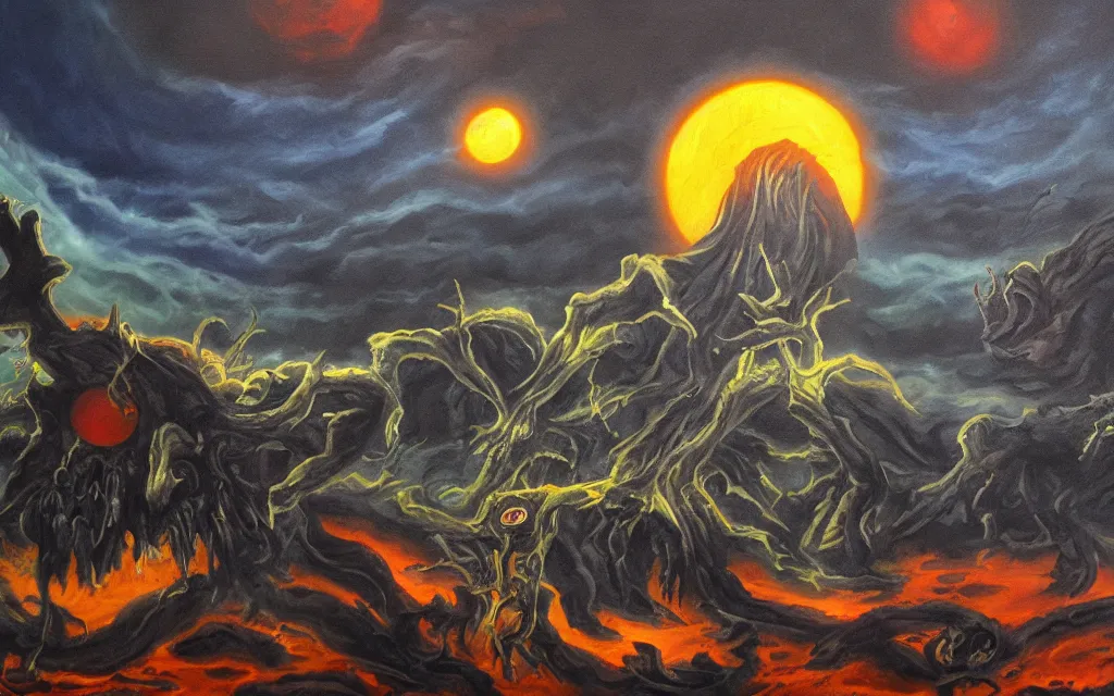 Image similar to black dead sun howling nightmare mythos dread sun of the void above the tomb wastes, award winning oil painting, dream mythos color palette