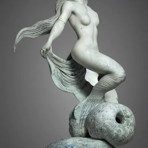 Prompt: photography of an entire mermaid marble sculpture! masterpiece by michelangelo, with long hair, a fish tail with scales, 8 k, high aperture, atmospheric light background, cinematic light, pinterest, artstation