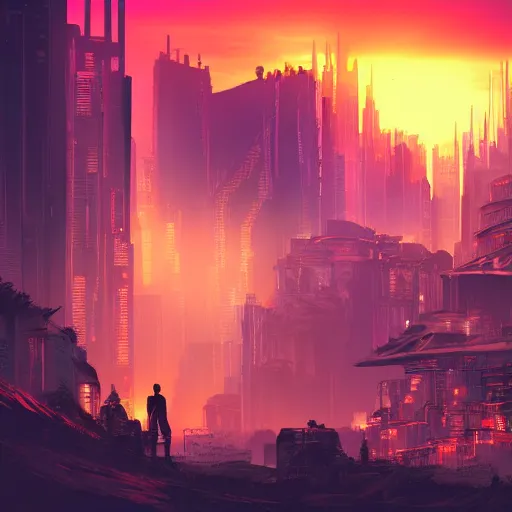 Prompt: cyberpunk fantasy world with beautiful sunset