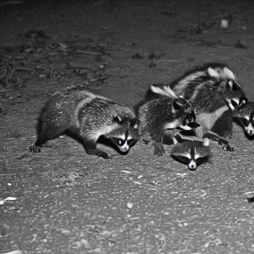 Prompt: night vision picture of raccoons rummaging through a gigantic trash mound