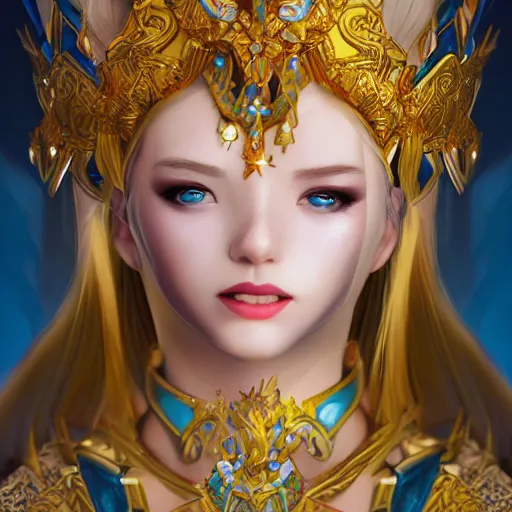 Prompt: a photographic portrait of an heroïc fantasy princess with a deep blue saphire and gold diadem by Zhang Jigna, canon 50mm, artstation