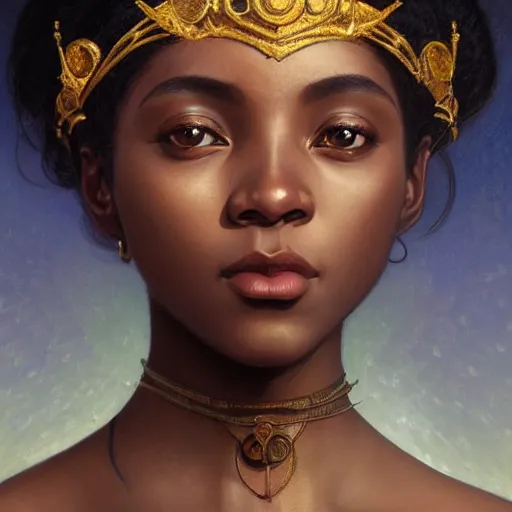 Prompt: 3 / 4 view portrait of an african moon goddess, with white skin, intricate, elegant, highly detailed, digital painting, artstation, concept art, smooth, sharp focus, illustration, art by artgerm and greg rutkowski and alphonse mucha and william - adolphe bouguereau