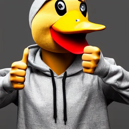Image similar to an anthropomorphic duck wearing a hoodie and headphones giving a thumbs up