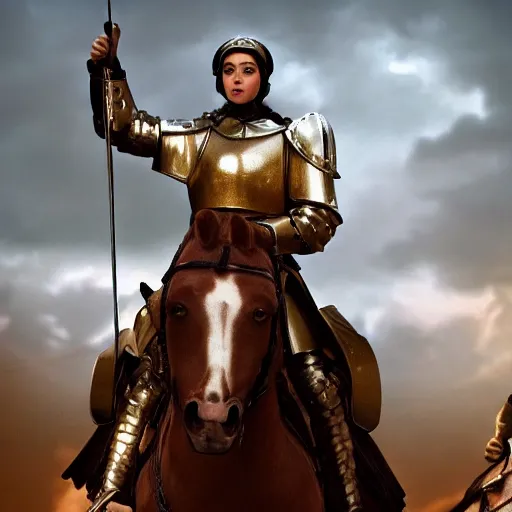 Image similar to Joan of Arc on a horse commanding an French army, octane render, dramatic lighting, hyperrealistic, high detailed, cinematic, artstation