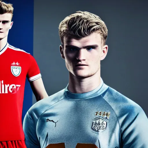 Image similar to a realistic detailed photo of a guy who is an attractive humanoid who is half robot and half humanoid, who is a male android, soccer players martin ødegaard & timo werner, shiny skin, posing like a statue, blank stare, in a factory, on display, showing off his muscles, gold soccer shorts, side view, looking at each other mindlessly