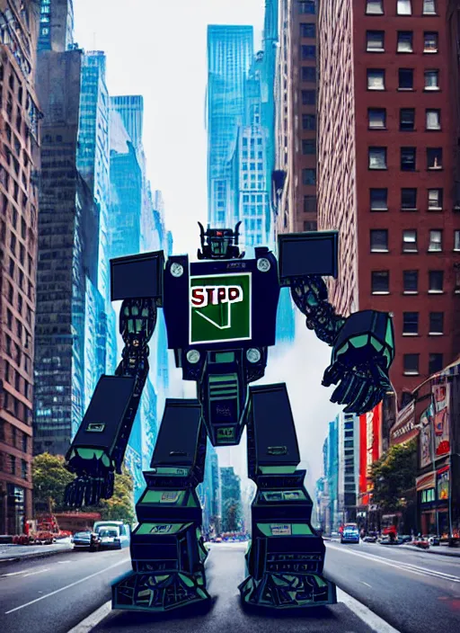 Image similar to a giant mecha robot made of stop signs in manhattan, hyper realistic, highly detailed, cinimatic, shadows, scrap, signs, 8 k, photo, movie still