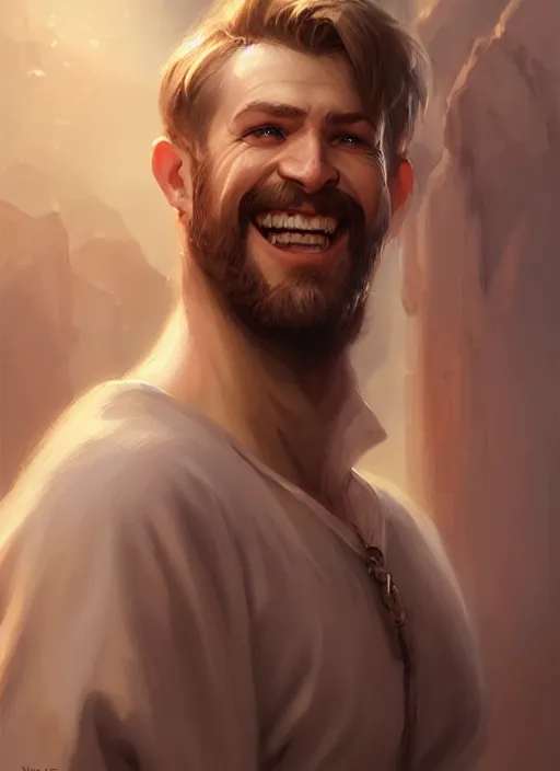 Prompt: a _ fantasy _ style _ portrait _ painting _ of white male short fringe light brown hair short face grinning, rpg dnd oil _ painting _ unreal _ 5 _ daz. _ rpg _ portrait _ extremely _ detailed _ artgerm _ greg _ rutkowski _ greg