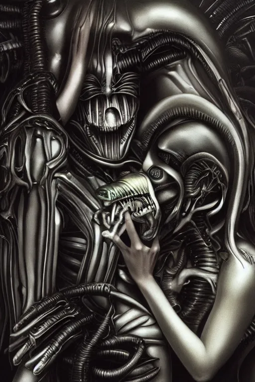 Prompt: beautiful young gillian andersom with alien xenomorph queen by h.r. giger, detailed, proportional, trending on art station, 4k