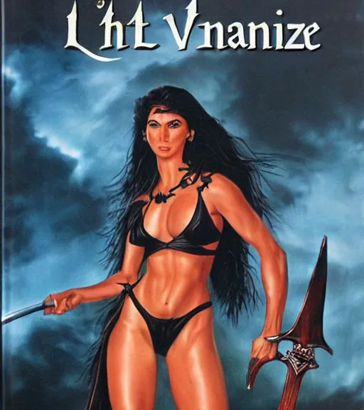 Image similar to 1 9 8 0 s fantasy novel book cover, amazonian nadine velazquez in extremely tight bikini armor wielding a cartoonishly large sword, exaggerated body features, dark and smoky background, low quality print