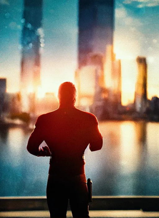 Image similar to a 3 5 mm photo from the back of a superhero standing in front of a city, splash art, movie still, bokeh, canon 5 0 mm, cinematic lighting, dramatic, film, photography, golden hour, depth of field, award - winning, anamorphic lens flare, 8 k, hyper detailed, 3 5 mm film grain