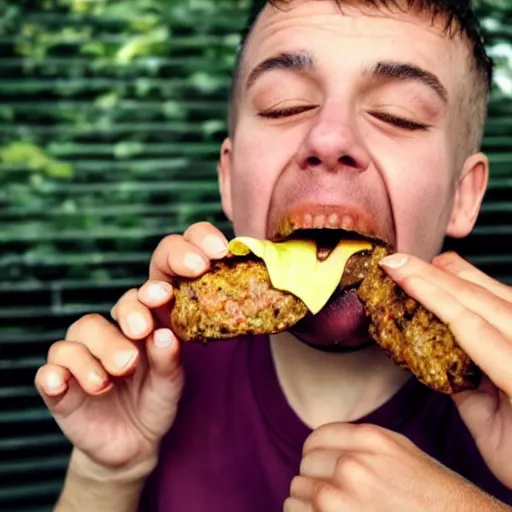 Prompt: he is eating a burger. he is eating it with his hands. he is eating it with his mouth. he is eating it with his teeth. he is eating it with his tongue. he is eating it with his lips. he is eating it with his cheeks