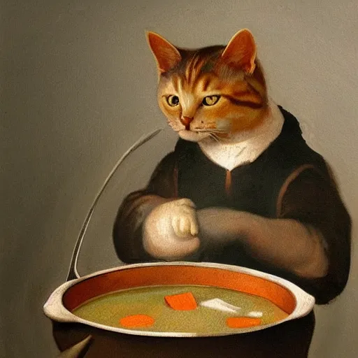 Image similar to the cat cooks soup, stirring a pot with a ladle, oil painting, drawn by Leonardo Da Vinci, trending in Artstation, artstationHD, 4k