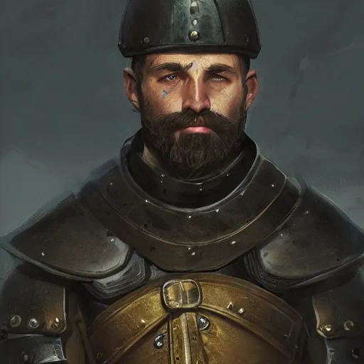 Prompt: Closeup of frustrated male medieval sergeant with a {short} beard wearing a black!!!! and yellow tabard over a steel breastplate and a black gambeson no no no no no helm, intricate, dramatic lighting, illustration by Greg Rutkowski, ArtStation, digital art, fantasy