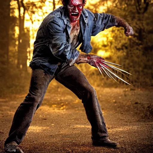 Image similar to wolverine, butcher, the walking dead zombie, full body by yousuf karsh, golden hour, realistic, body shot, sharp focus, 8 k high definition, insanely detailed, intricate, elegant