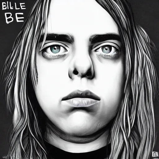 Prompt: billie eilish closeup face, in the style of piano man album cover