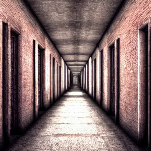 Prompt: a long asylum hallway, one point perspective, vanishing point, symmetrical composition, by lee madgwick, photorealistic, lumion render - w 1 0 2 4