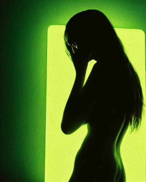 Prompt: silhouette of a beautiful woman gazing in a mirror, pitch black room, extremely detailed masterpiece, oil on canvas, low-key neon lighting, artstation, The 7th Key, Roger Deakin’s cinematography, by Julia Soboleva,