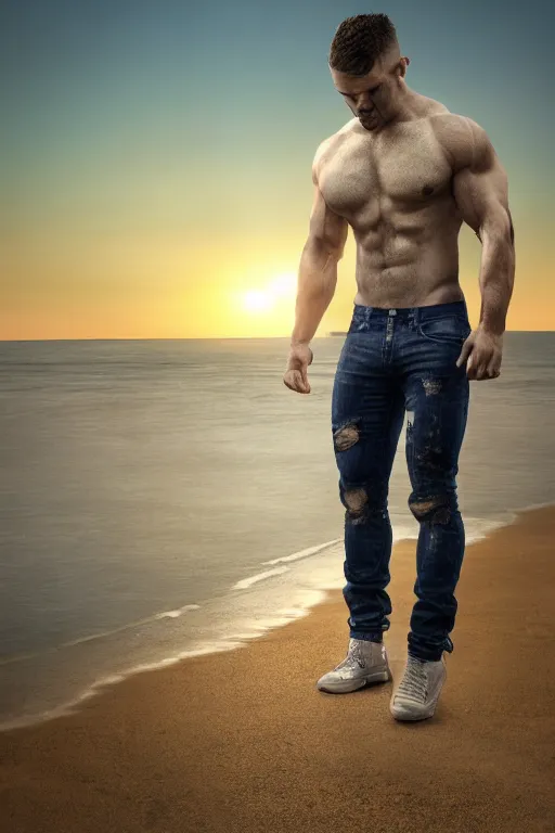 Image similar to a very muscular and defined man wearing ripped pants and shirt looking to the sea at sunset, godrays, complementary colors, natural lighting, portait image, path tracing, serene landscape, high quality, highly detailed, 8K, soft colors, warm colors, turbulent sea, high coherence, anatomically correct, hyperrealistic, concept art, defined face, five fingers