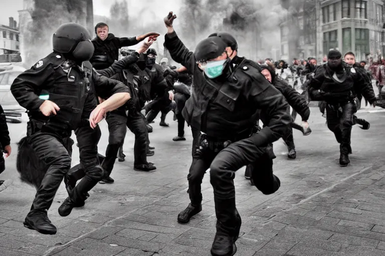 Prompt: people are running from a police brutality, photo in style of Alexey Titarenko,