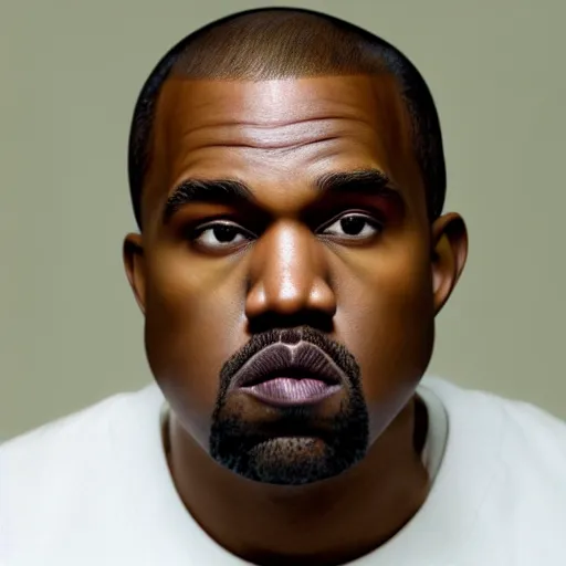 Prompt: kayne west starring at the camera, neutral face, wide, low quality close up