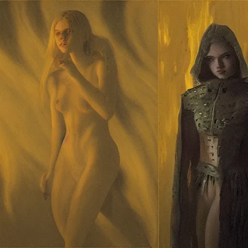 Prompt: silhouette of Elle Fanning in the world of Dante’s Inferno, stormy weather, extremely detailed masterpiece, oil on canvas, low-key neon lighting, artstation, Blade Runner 2049, Roger Deakin’s cinematography, by J. C. Leyendecker and Peter Paul Rubens,